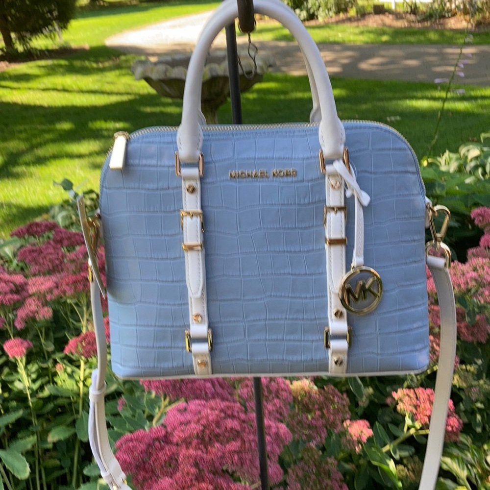 NWT Michael Kors OTS  bag blue with white trim.